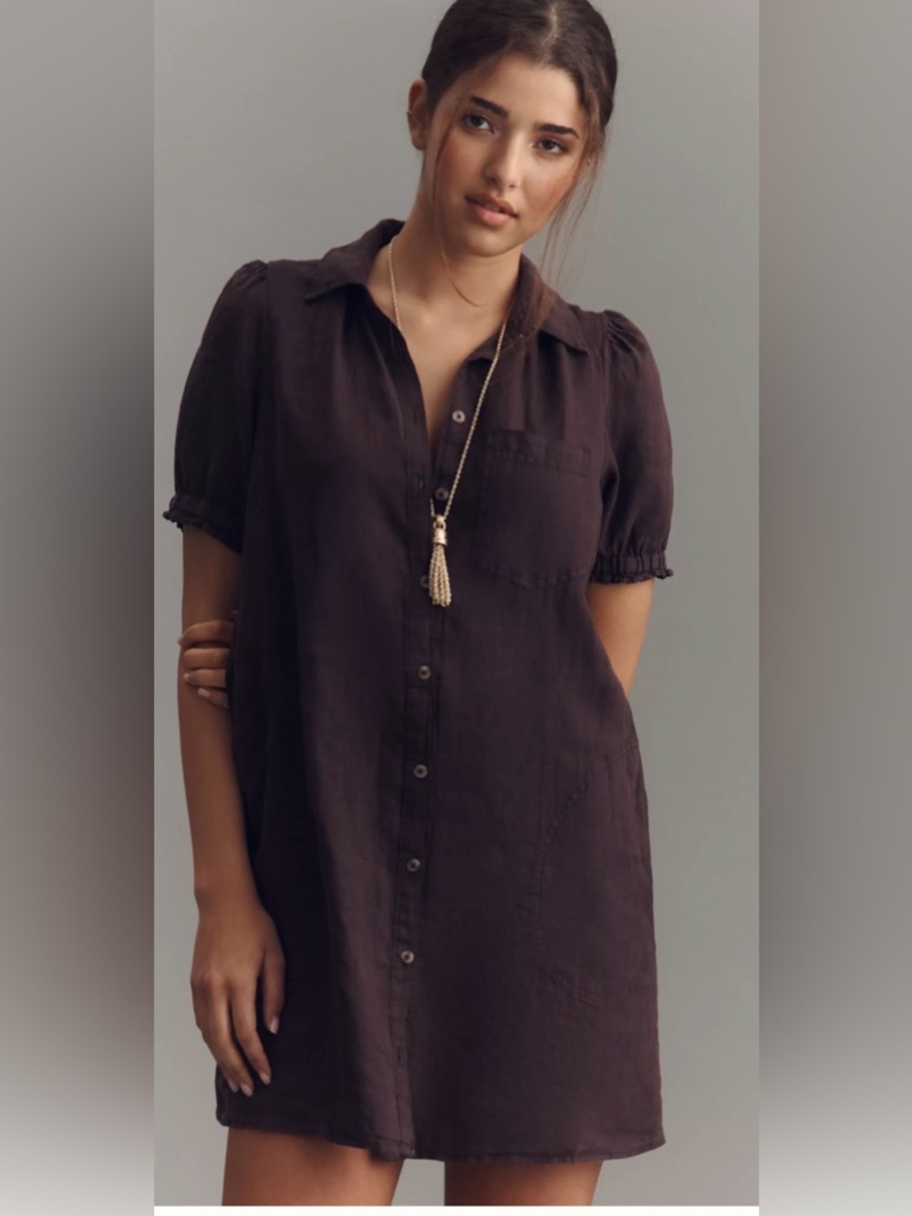 Anthropologie Pilcro Aly 100% Linen Puff Sleeve Mini Shirtdress Brown XL